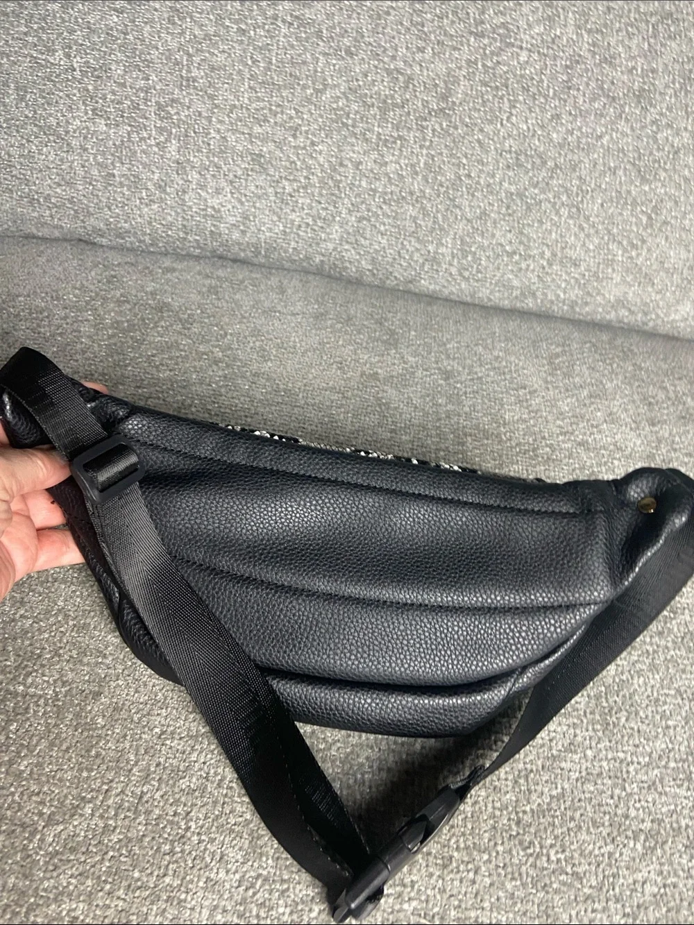 Black Faux Leather Crossbody Waist Bag with Snake-Print Panel
